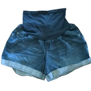 🌹3/15🌹INDIGO BLUE Maternity Denim Full Belly Panel Fold Over Shorts